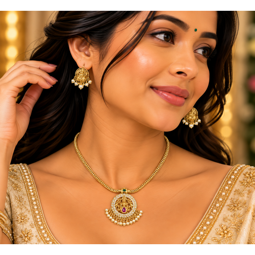 Matte finishing with lord Lakshmi and whiten stone short necklace - Image 4