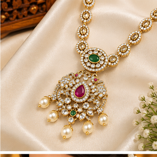 Matte finishing white stones pearls with Elephant design Long Haram - Image 2