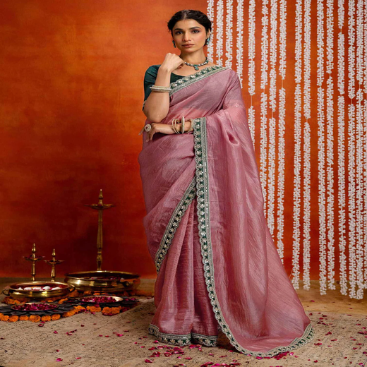 Dusty Rose Pink Crush Tissue Sequence Lace Saree