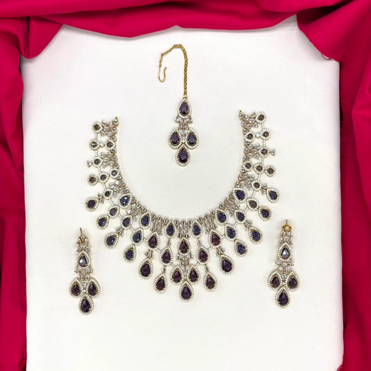 Emerald Purple and Cubic Zirconia Bridal Necklace Set with Earrings and Maang Tikka - Image 3