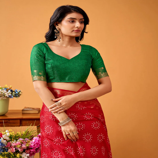 Red Silk Woven Printed Saree - Image 2