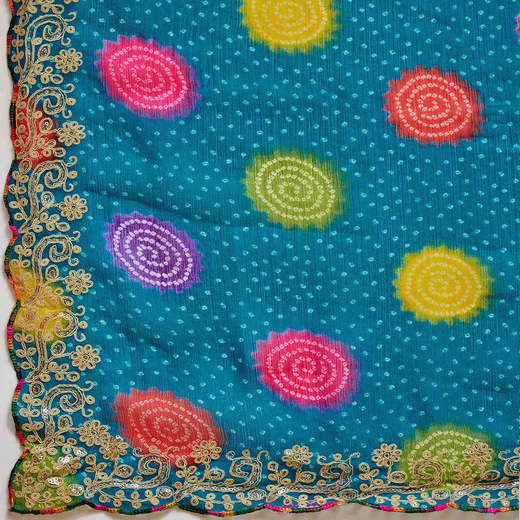 Turquoise Blue Chiffon Bandhani Printed Embroidery Saree - Image 3