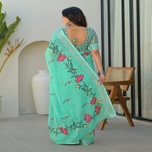 Light Turquoise Linen Floral Printed Saree - Image 4
