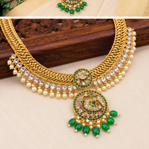 Matte finishing jalebi With Green pendent Peacock Long Haram - Image 3