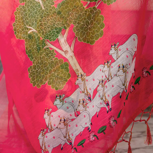 Orange Linen Printed Saree - Image 3