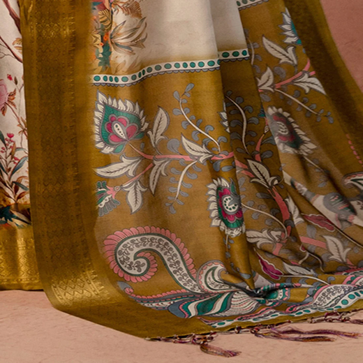 Beige Silk Kalamkari Printed Woven Border Saree - Image 3