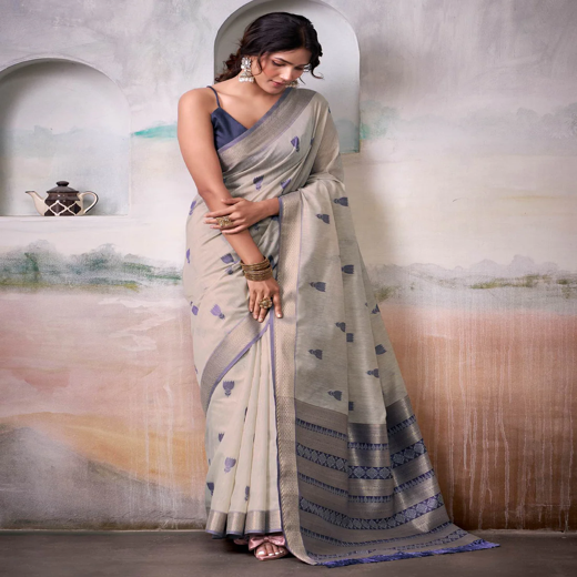 Off-White Cotton Woven Saree - Image 4