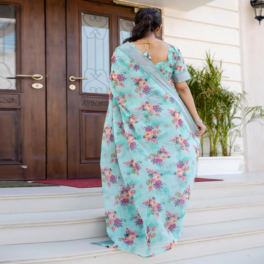 Ready To Wear Sky Blue Linen Woven Border Floral Printed Saree - Image 4