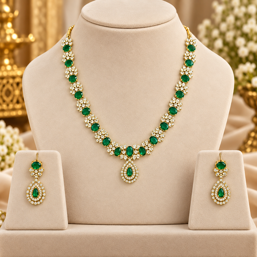Matte finishing Green American diamonds Short Necklace