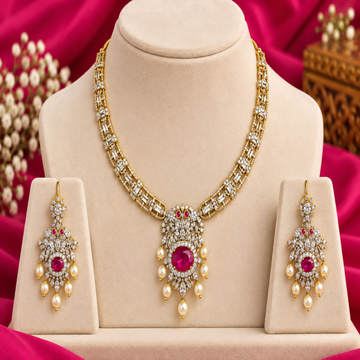 Victorian finishing peacock design with Red stone Kanti Short Necklace - Image 3