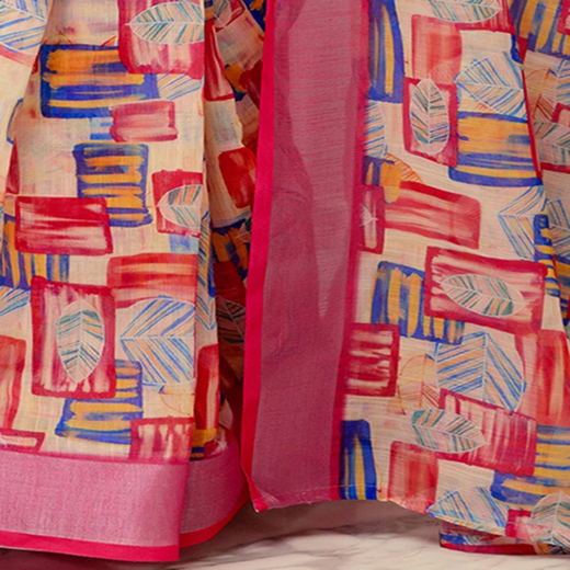 Ready To Wear Dark Pink Linen Woven Border Printed Saree - Image 3