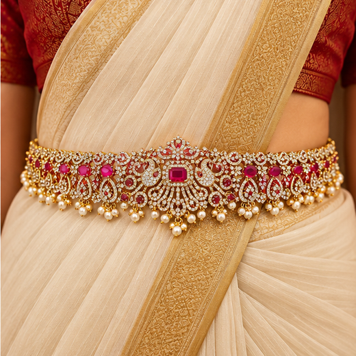 Victorian Finishing With Pink Stones And Peacock Deigned Chain Vaddanam - Image 4