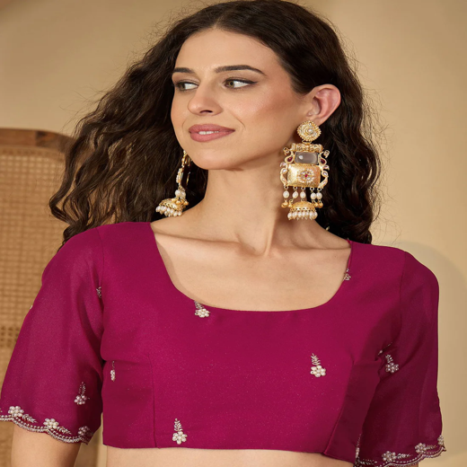 Coral Pink Shimmer Embroidery Saree - Image 2