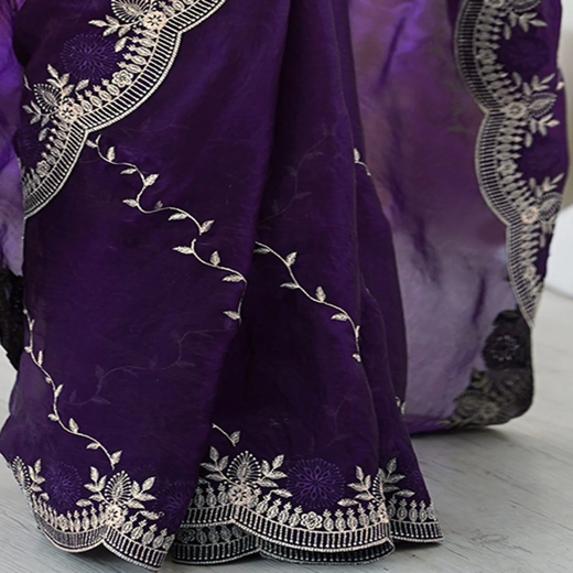 Purple Tissue Silk Embroidery Saree - Image 3