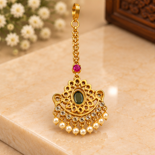 Matte Finishing Pink Stones And Pearl Dop Maang Tikka - Image 3