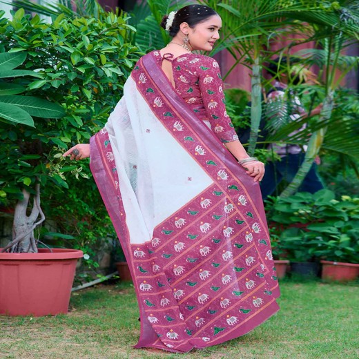 White Cotton Linen Printed Patola Saree - Image 4