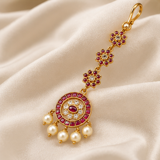 Ruby-Colored Emerald Stone Pearl Drop Maang Tikka - Image 3