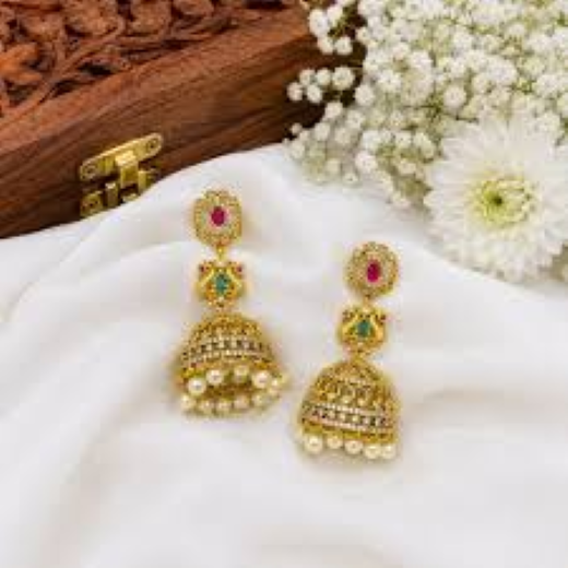 Matte Finishing Floral Design With Ad Stones Pink & Green Stone Jhumka Earring - Image 4