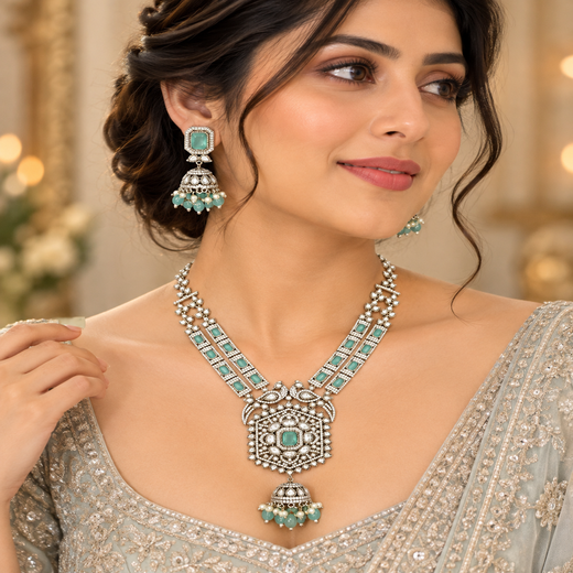 Victorian finishing mint green stones and moissanite stones two layered Short Necklace