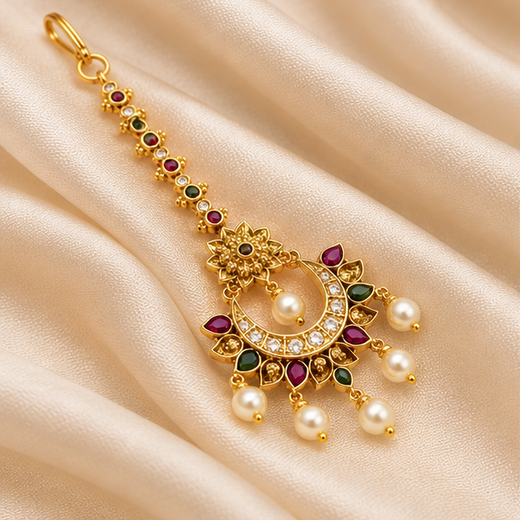 Matte Finishing With Red & Green Stones Maang-Tikka - Image 3