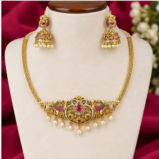 Matte finishing peacock design and multi-stones Choker - Image 4