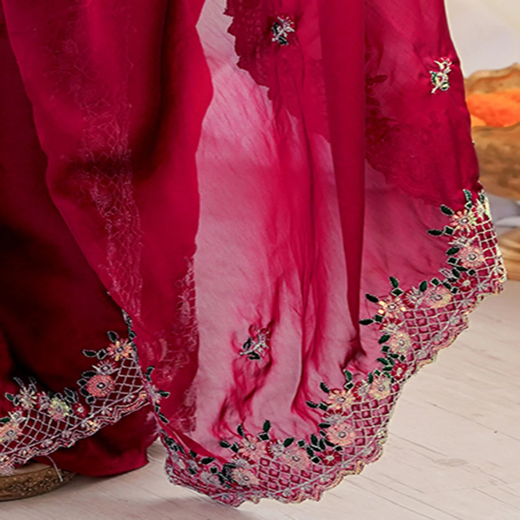 Wine Silk Sequence Embroidery Saree - Image 3