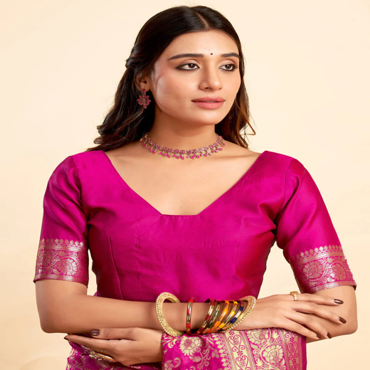 Rani Pink Silk Woven Banarasi Saree - Image 3