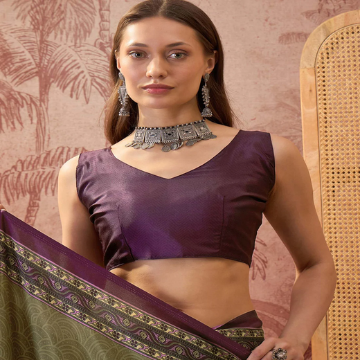 Mehndi Green Crepe Silk Printed Saree - Image 2