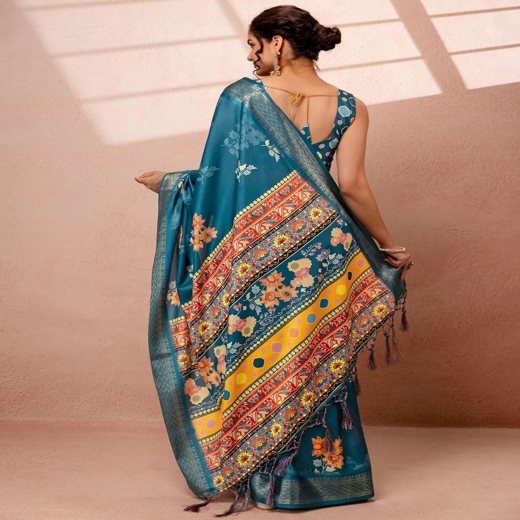 Teal Blue Silk Floral Printed Woven Border Saree - Image 4