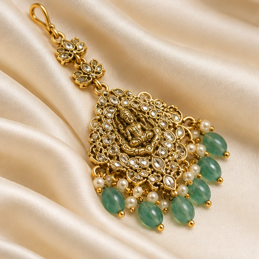 Matte Finishing White Stones With Mint Green Beads Maang Tikka - Image 3