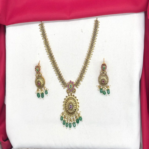 Nakshi Finishing floral design with Green Beads Short Necklace - Image 2