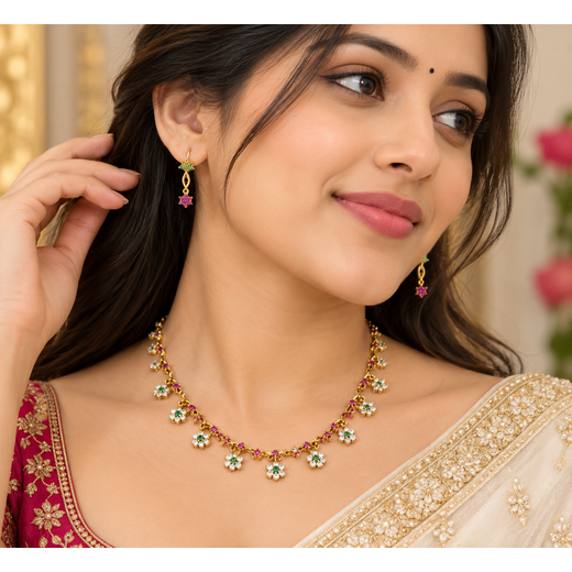 Gold-plated floral pink rubies emeralds short Necklace - Image 4