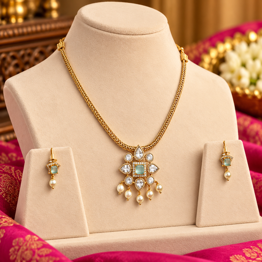 Matte finishing flower design pendent with mint-Green stone short Necklace - Image 3