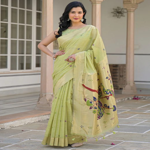 Pista Green Cotton Woven Paithani Saree