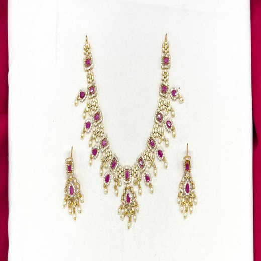 Matte finishing Multi- squared stones with Pink pearls Short Necklace