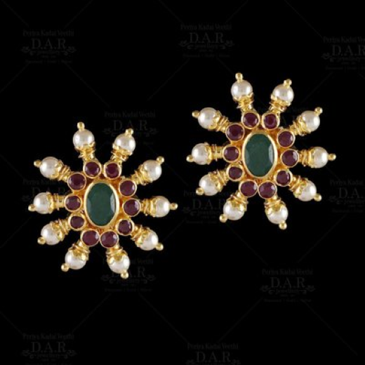 Matte Finishing Flower Design With Pink Stones Handcrafted Stud - Image 4