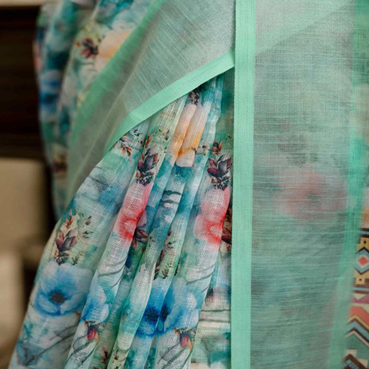 Ready To Wear Teal Green Linen Woven Border Printed Saree - Image 3