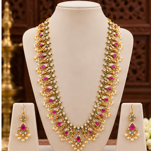 Matte finishing flower design with small white Pearls Long Haram Necklace