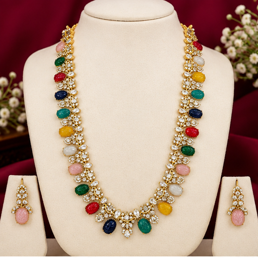 Navaratna American Diamonds Long Haram Necklace