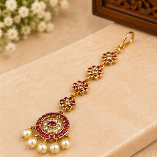 Ruby-Colored Emerald Stone Pearl Drop Maang Tikka - Image 2