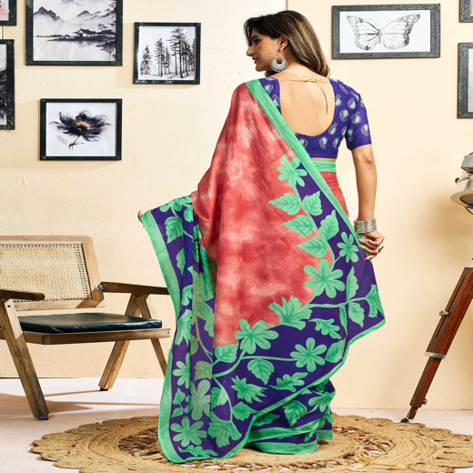 Ready To Wear Red Cotton Printed Saree With Pocket - Image 4
