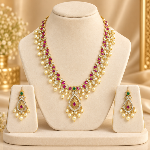 Matte finishing AD stone,pink stones and pearls Short Necklace