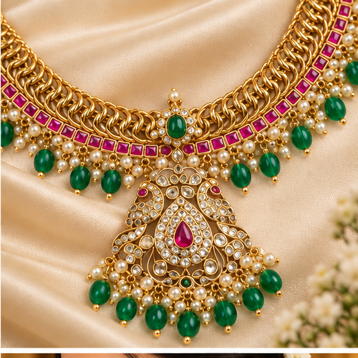 Matte finishing peacock design with Green beads Mango Long Haram - Image 2
