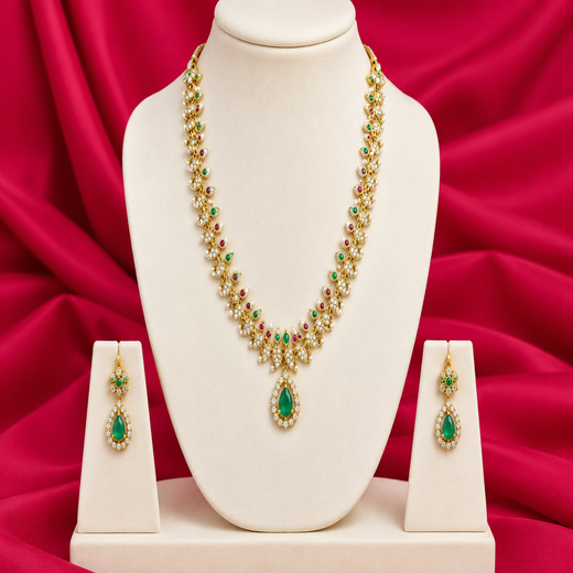 Matte finishing American Diamond with Green Stone Short Necklace