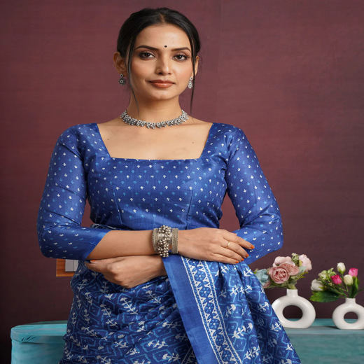 Indigo Cotton Blend Printed Saree - Image 2