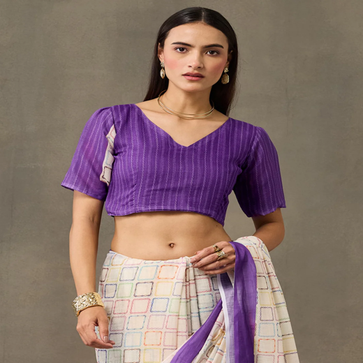 Off White Linen Printed Saree - Image 2