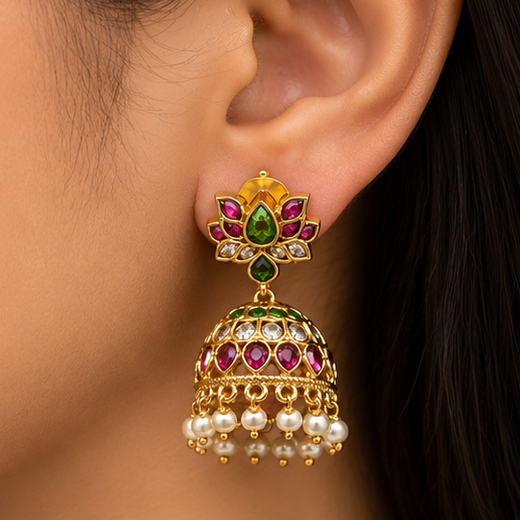 Matte Finishing Floral Design With Green & Pink Stones Jhumkas Earring - Image 4