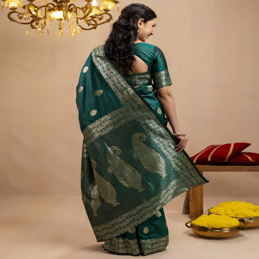 Rama Green Silk Woven Banarasi Saree - Image 4