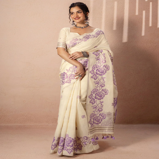 Beige Chanderi Cotton Woven Saree