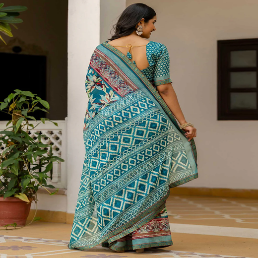 Rama Green Georgette Printed Lace Saree - Image 4